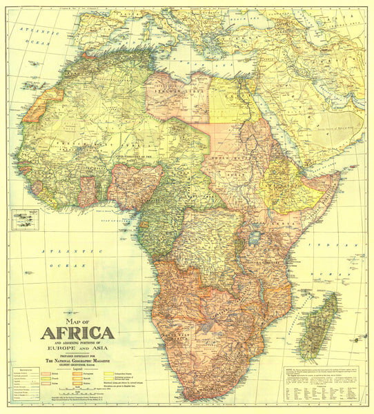 Africa Wall Map with Portions of Europe and Asia - Published 1922 by National Geographic