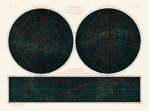 Constellations of the Two Hemispheres (1877) from the book by Guillemin, Amédée, (1826-1893), a celestial chart of the two hemispheres in the night sky