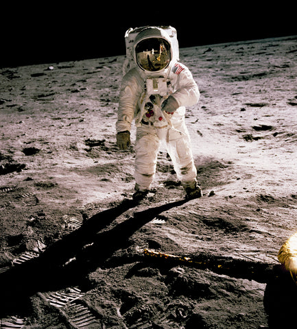 Edwin Aldrin walking on the lunar surface taken by Neil Armstrong