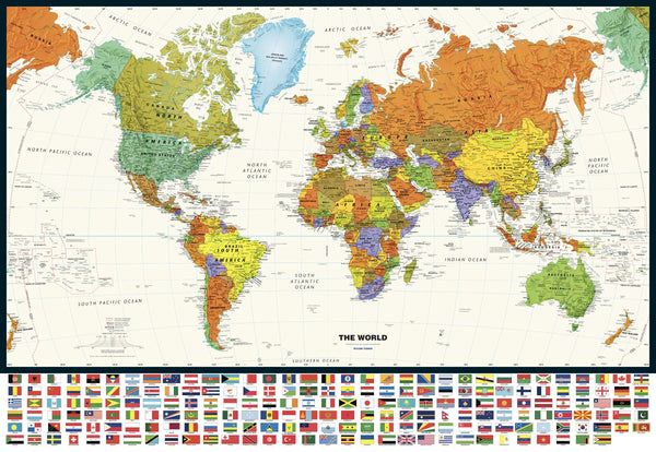 Contemporary World Wall Map with Flags  1270 x 876mm