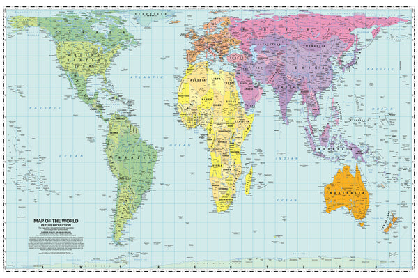 World map with political boundaries in pastel colors on a light blue background