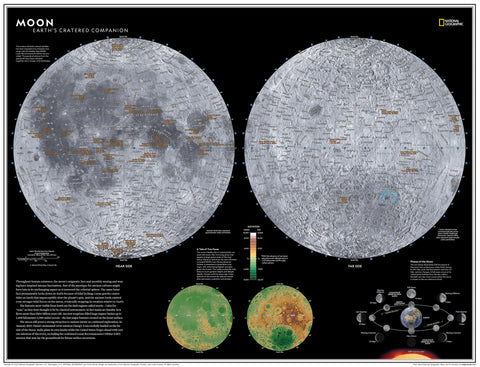 Map of the Moon with detailed craters and surface features, featuring National Geographic branding.