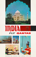 A vintage style travel poster featuring India with images of the Taj Mahal, a boat on a river, and a man in a red uniform holding a flag.