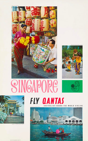 A vintage style travel poster featuring Singapore with multiple vignettes of people and activities, and the Qantas logo.