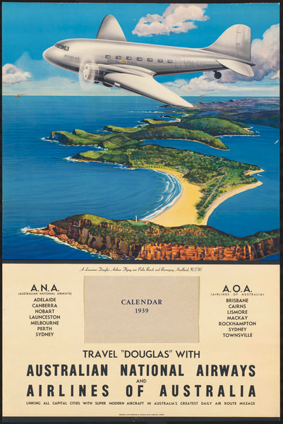 Vintage style travel poster featuring an airplane and a stylized representation of the Australian coastline and landscape.