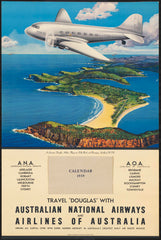 Vintage style travel poster featuring an airplane and a stylized representation of the Australian coastline and landscape.