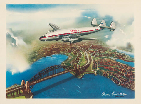 Vintage-style illustration of an airplane flying over a city with a bridge