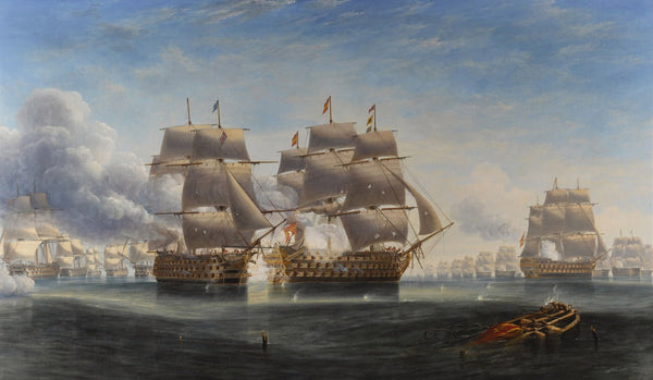 The Opening Engagement at Trafalgar; H.M.S. 'Royal Sovereign' raking the stern of the Spanish flagship 'Santa Ana' by JW Carmichael