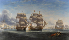 The Opening Engagement at Trafalgar; H.M.S. 'Royal Sovereign' raking the stern of the Spanish flagship 'Santa Ana' by JW Carmichael