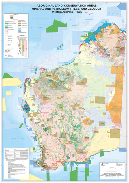 WA Aboriginal Land, Conservation Areas, Mineral and Petroleum Titles and Geology 700 x 1000mm Wall Map
