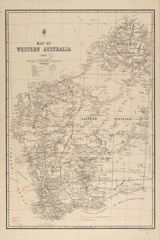 Vintage map of Western Australia from 1879, showing geographical divisions.
