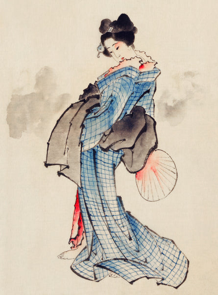 Woman, full-length portrait, standing, facing left, holding fan in right hand, wearing kimono with check design (1830-1850) by Katsushika Hokusai
