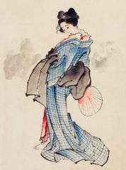 Woman, full-length portrait, standing, facing left, holding fan in right hand, wearing kimono with check design (1830-1850) by Katsushika Hokusai