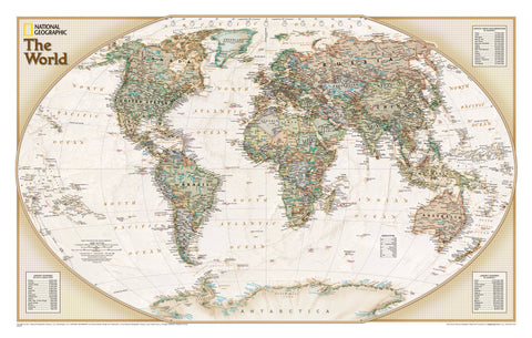 World map with National Geographic logo on a beige border