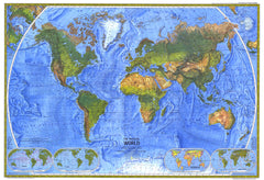 World map with a blue ocean and green landmasses, framed by a decorative border.
