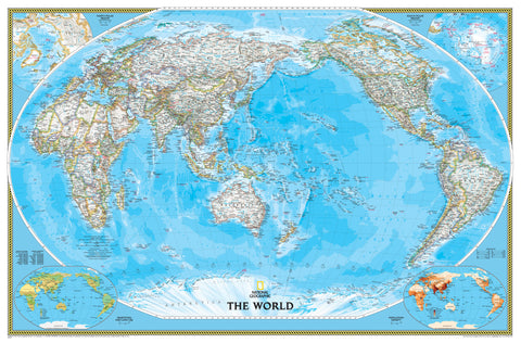 World map with blue ocean and labeled continents