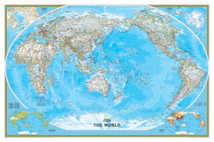 A large wall map of the world provided by National Geographic, featuring a Pacific-centred projection and colored in traditional blue tones. It includes detailed shading and relief for mountain ranges and ocean currents.