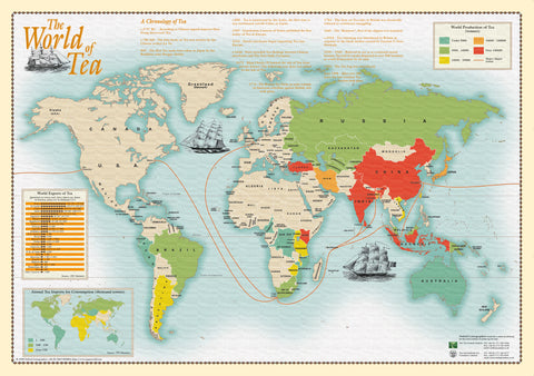 World map of tea trade routes with historical context