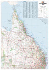 Laminated wall map of Queensland state showing towns, cities, and major roads, with a topographic and political boundary detail.
