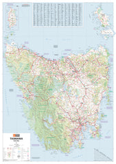 Laminated wall map of Tasmania featuring towns, cities, and road networks, with hang rails for mounting on a wall.