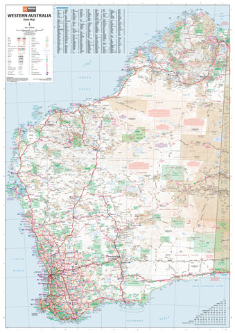 A detailed wall map of Western Australia, showcasing various towns, cities, and roads, printed on matte canvas.