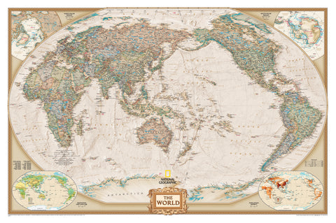 World Executive Antique Style National Geographic 1852 x 1219mm (Pacific Centred) Super Laminated Wall Map with Hang Rails
