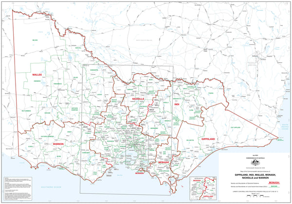 Victoria Electoral Divisions and Local Government Areas Map - Gippsland & Area