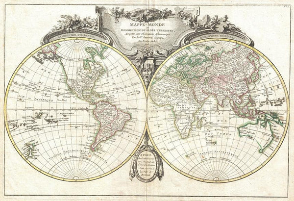 Lattre and Janvier Map of the World on a Hemisphere Projection (1775) Print