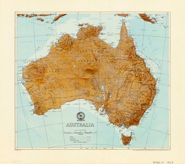 Vintage Physical Australia Wall Map from 1963