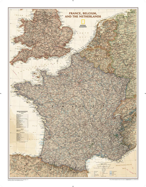 France/Belgium/Netherlands Executive Antique Style National Geographic 768 x 597mm Wall Map