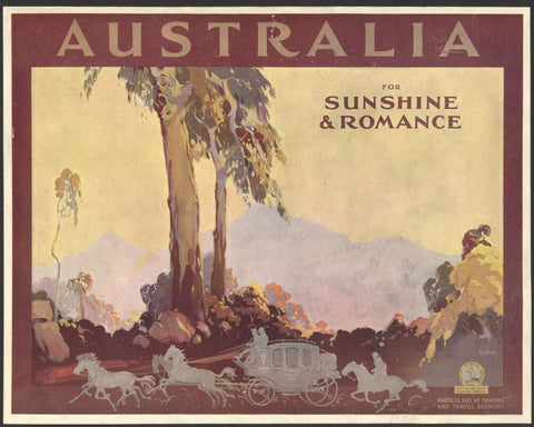 A vintage travel poster depicting a romanticized version of Australia with a background of trees and a sunset, featuring a wagon and horses in the foreground.