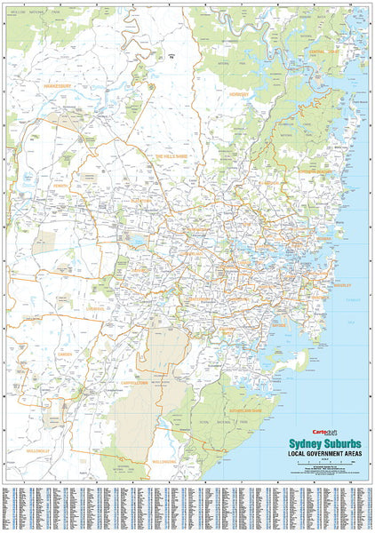 Sydney Local Government Areas Map 985 x 1400mm Laminated Wall Map with Hang Rails