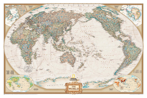 World Executive Antique Style National Geographic 1550 x 1040mm (Pacific Centred) Large Laminated Wall Map with Hang Rails