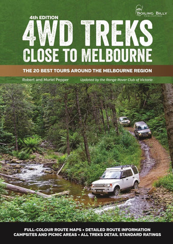 Book cover of '4WD Treks Close to Melbourne' with a green background and image of off-road vehicles.