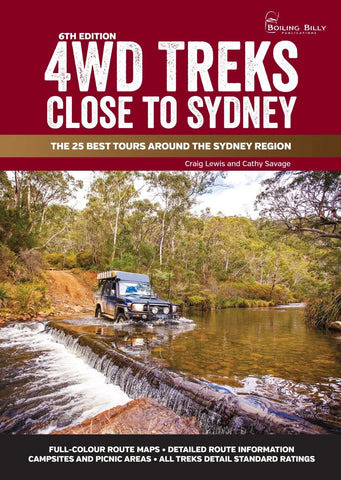 Book cover of '4WD Treks Close to Sydney' with a photo of a 4WD vehicle crossing a stream.