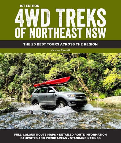 Book cover of '4WD Treks of Northeast NSW' with a car crossing a river and forest in the background.