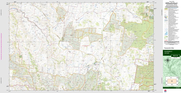 Topographic map of a region with color coding and text on a white background