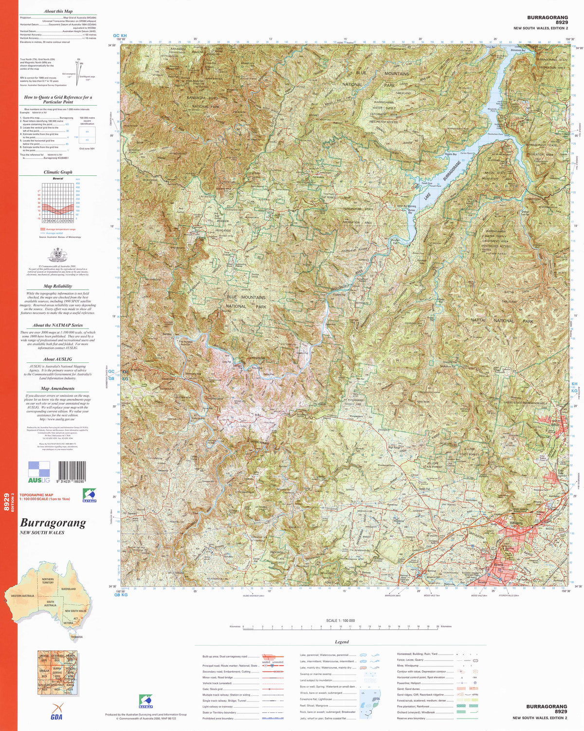 Bu Rang Map 8929 Burragorang 1:100k Topographic Map | Mapworld