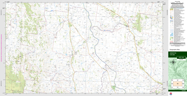 Topographic map with various labels and a scale bar on a white background