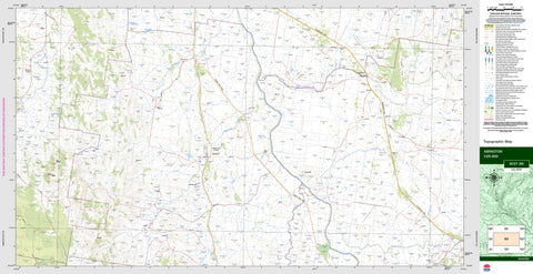 Topographic map with various labels and a scale bar on a white background