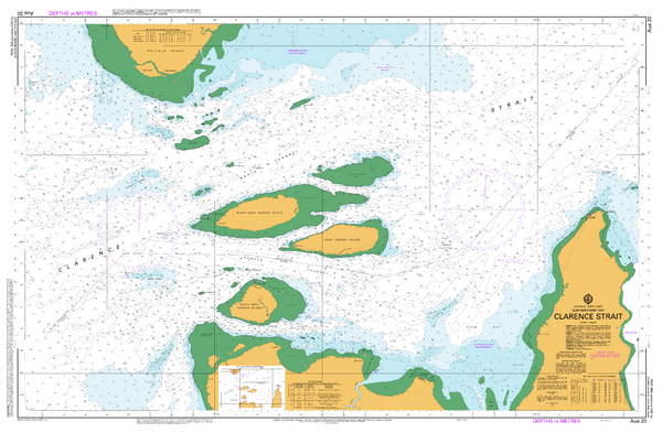 Nautical map of Clarence Strait with green and orange landmasses and blue water.