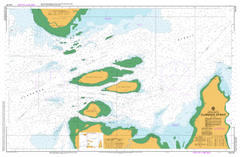 Nautical map of Clarence Strait with green and orange landmasses and blue water.