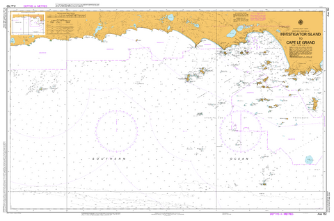 Nautical map of Investigator Island and Cape Le Grand, featuring a yellow border and navigational details.