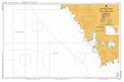 Nautical chart of South West Cape with a yellow and white color scheme