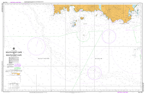 Nautical chart of South West Cape and South East Cape with grid lines and coordinates.