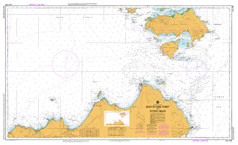 Nautical map of a coastal area with a focus on a specific point, featuring a compass rose and navigational details.