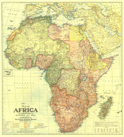 Africa Wall Map with Portions of Europe and Asia - Published 1922 by National Geographic