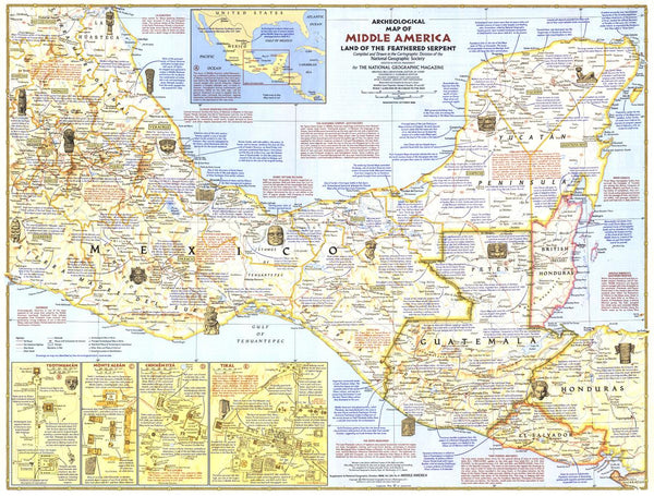 Archeological Map of Middle America - Published 1968 by National Geographic — historic National Geographic map print