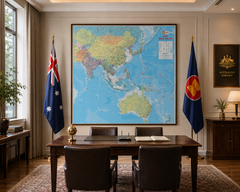 A large framed world map of Asia hangs on a beige wall in an official office setting, flanked by two flags and positioned above a wooden desk with chairs.