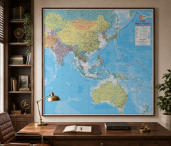 A large framed Asia and West Pacific world map displayed on a wall above a wooden desk in a styled home office setting with a lamp, books, and plants.